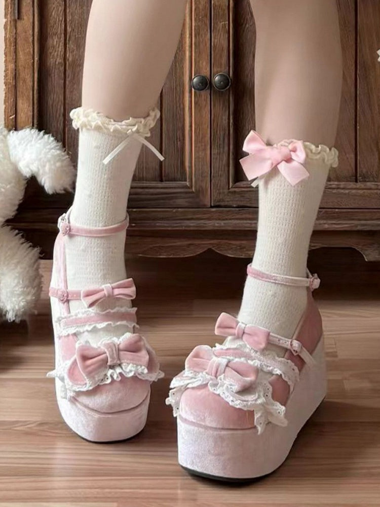Sweet Cute Mary Bear Velvet Accents Bow Pink Janes Platform -