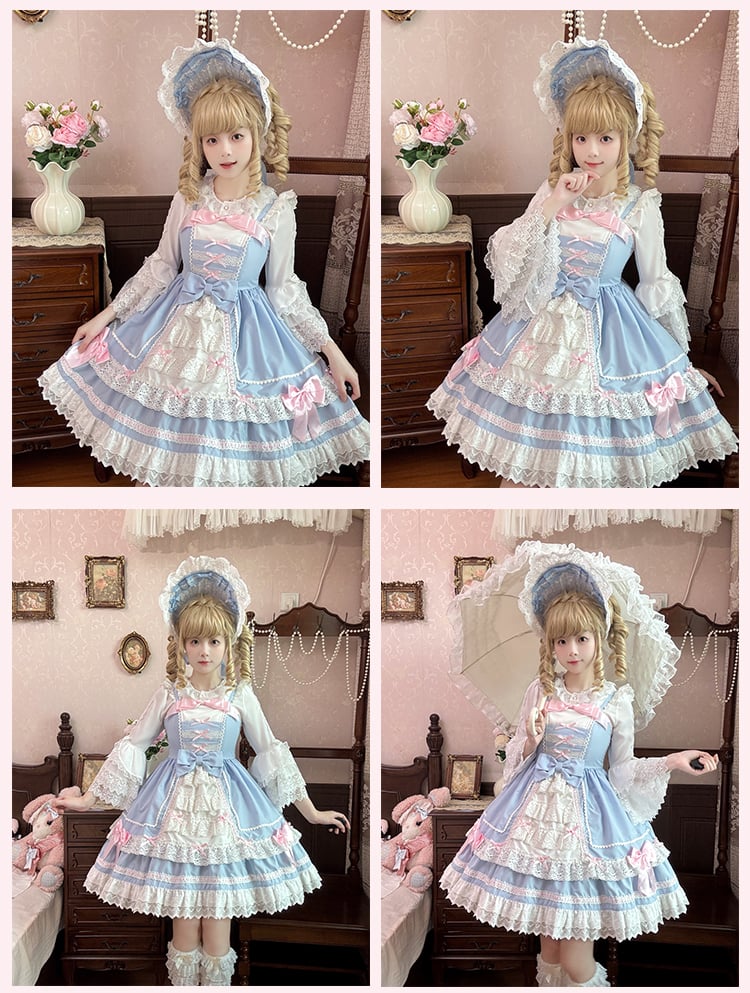 Süßes Lolita-Kleid mit Spitzenbesatz, rosa Schleifen, blau, JSK