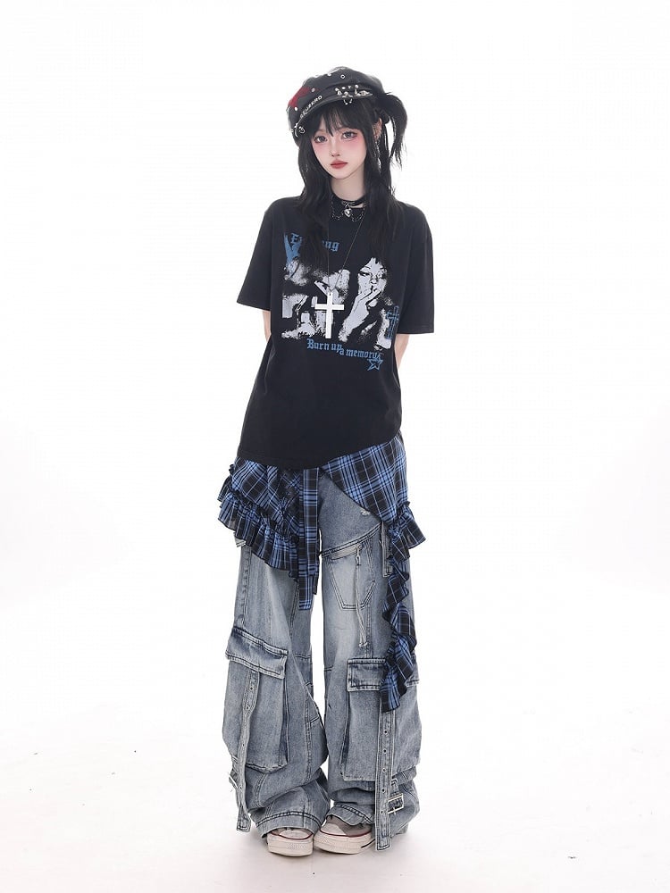 Punk Kawaii Black Round Neck Short Sleeve T-shirt with Portrait Print - KNOW8 Online Shop
