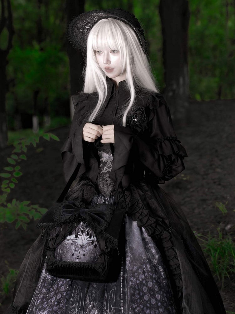 Black and Butterfly Print Bow Bag Shoulder Decoration with Lolita Tassel Gothic Bead