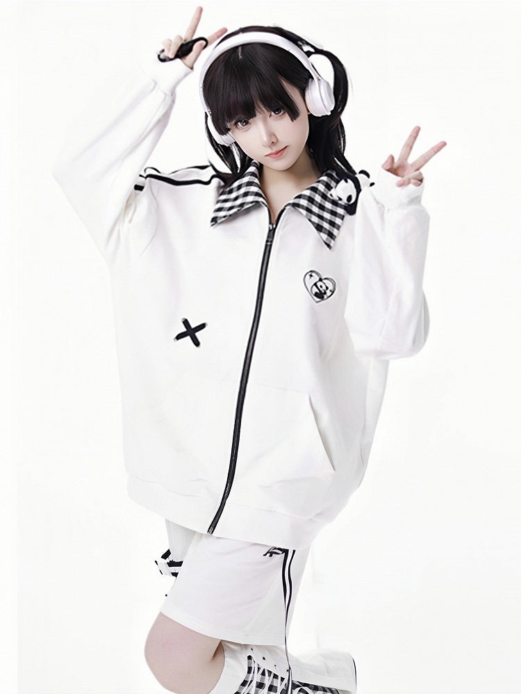 White/Black Heart Panda Embroidered Plaid Pattern Collar Jacket With A Panda Plushie