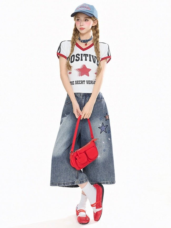 Blue Cropped Wide-Leg Denim Pants Star Appliqué