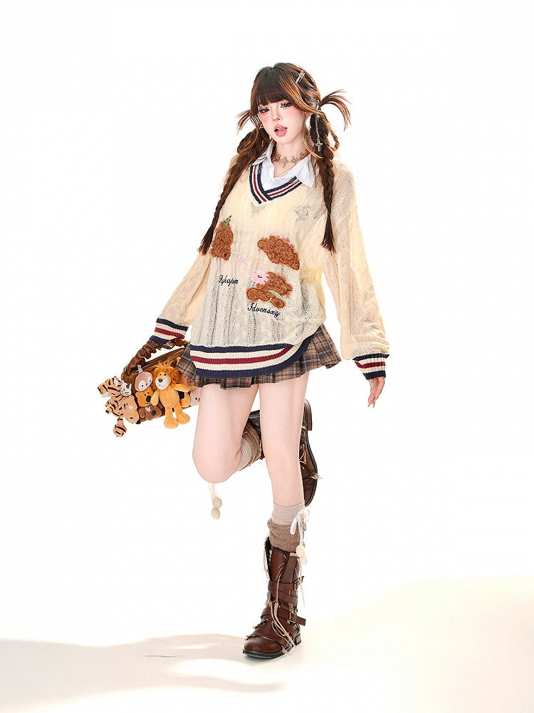 スタイルベア柄 アプリコット プレッピー フェイクツーピースシャツ 日焼け防止 透かし