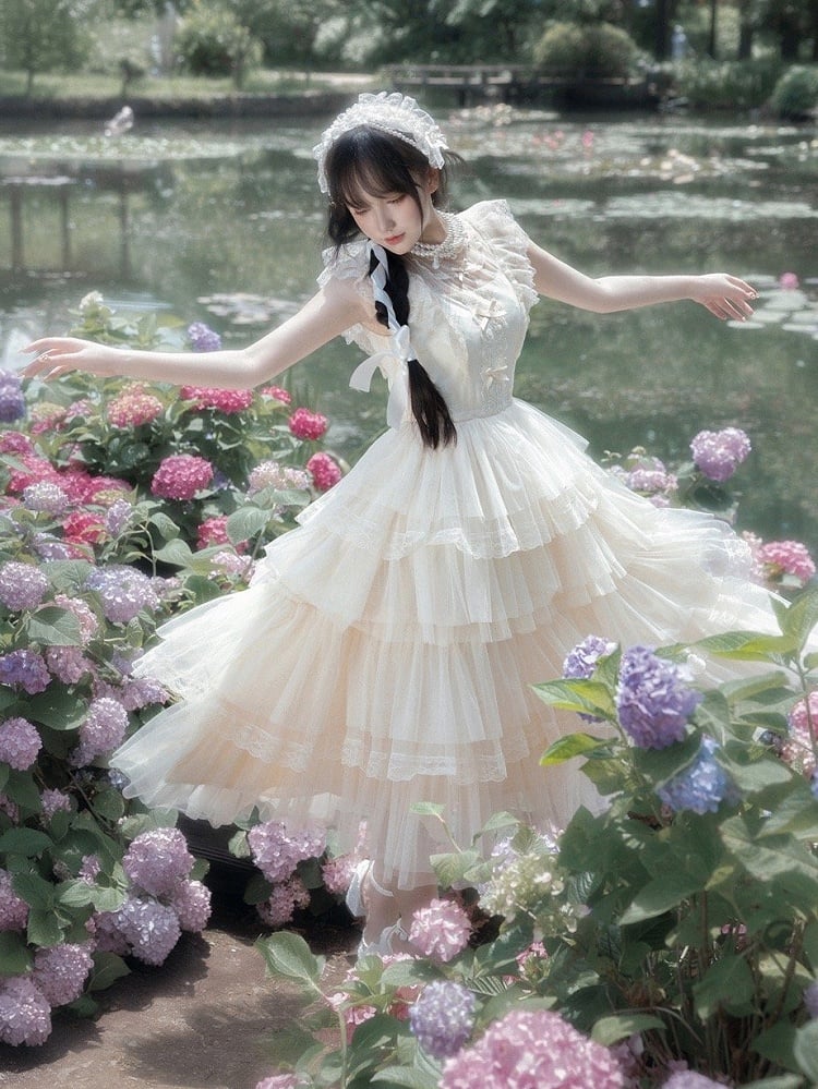 Beige OP Skirt Tulle Dress Lolita Sleeves Tiered Round Flutter Neck Ruffle