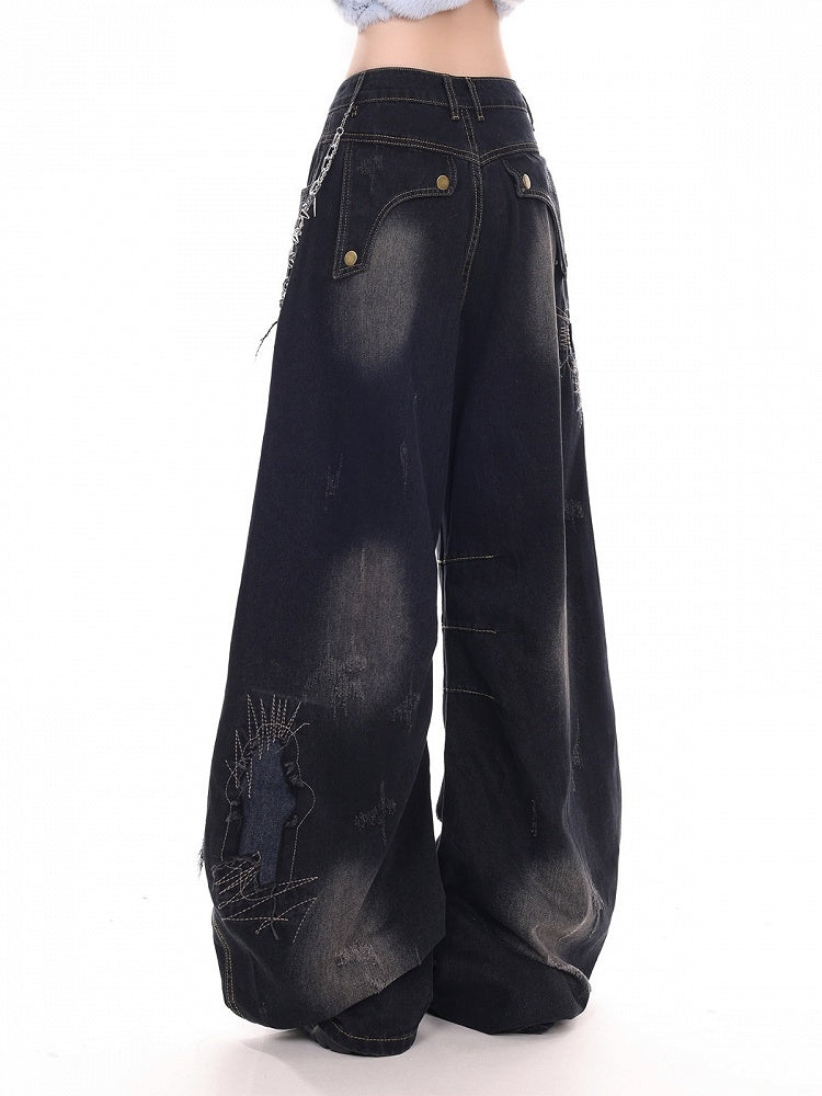 Patchwork and with Rips Vintage Leg Wide Denim Dark Pants Distressed Blue