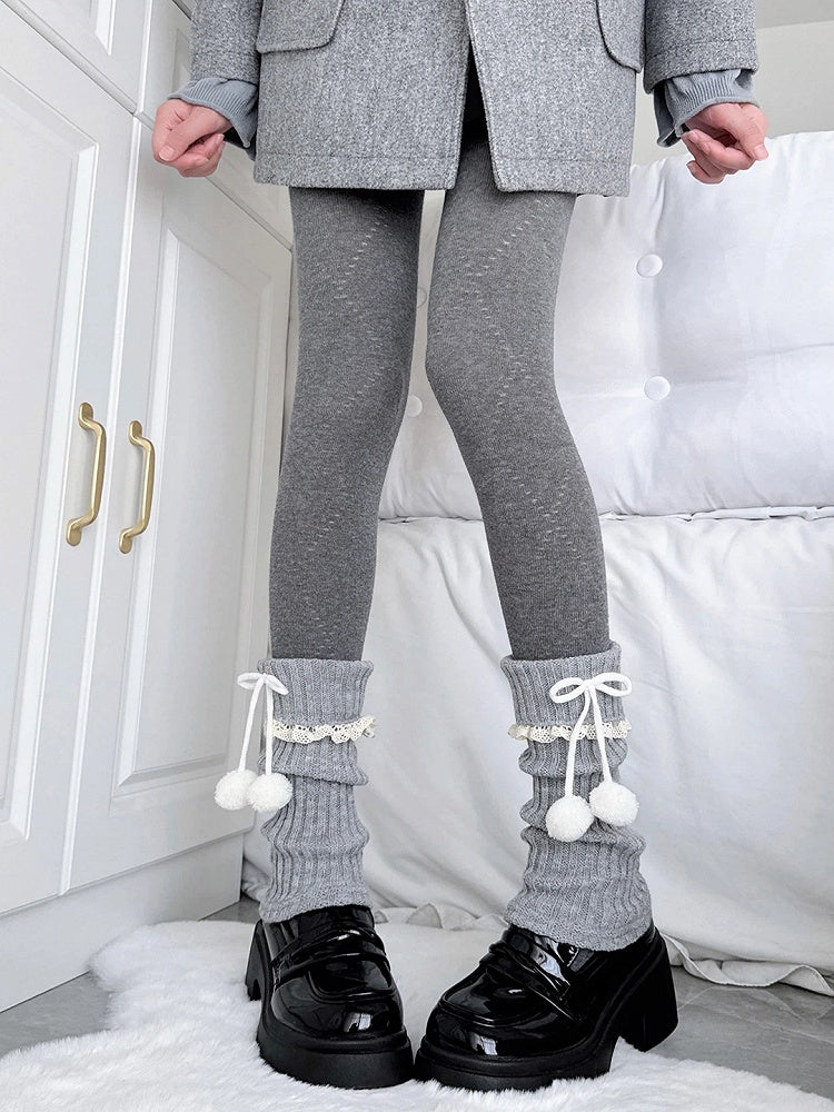 Light Warmers Gray Lace Leg Pom-Pom Ribbed Slouchy