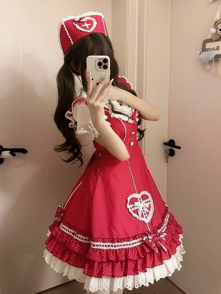Rüschenmuster Saum Lagenkleid Polka-dot Lolita Red Nurse