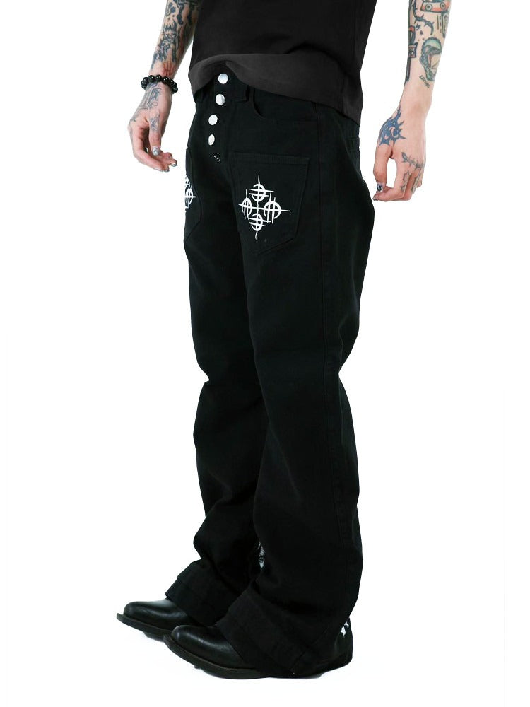 Black Cross Letter Print Curved Leg Canvas Punk Pants - DETW OnLine