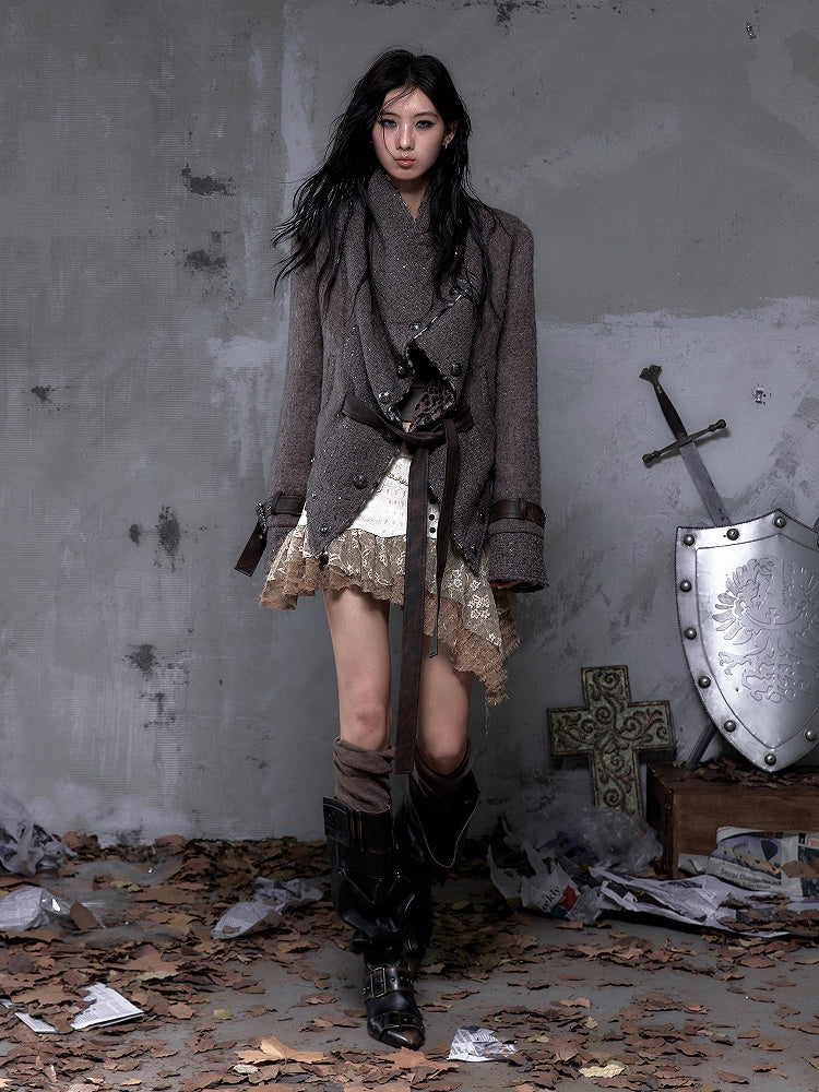 Straps Wool Coat with Tie Vintage Fabric Punk Leopard/Brown PU Reversible