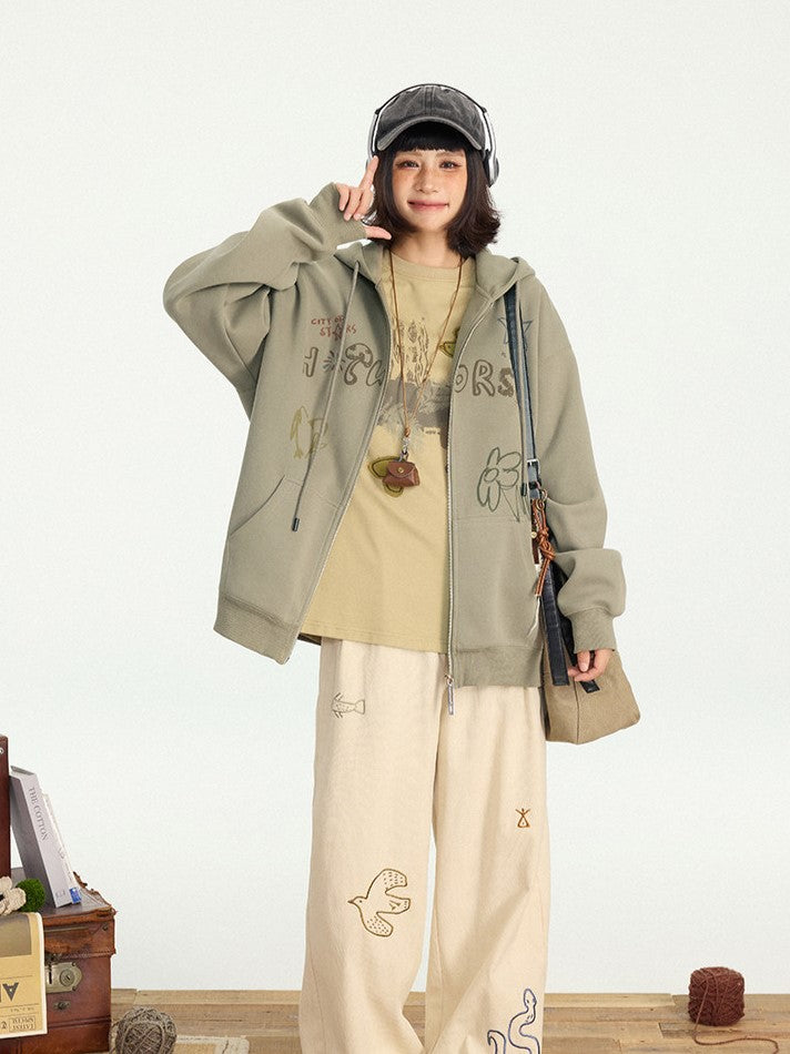 Dusty Hoodie - Two-way Kawaii Zip Placket Letter Hood Drawstring Print Green