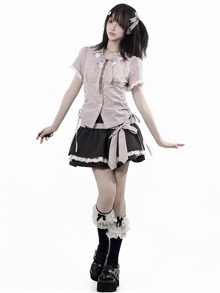 Dark Gray Double Layer Skirt with Lace Trim & Plaid Belt - PINK SAVIOR