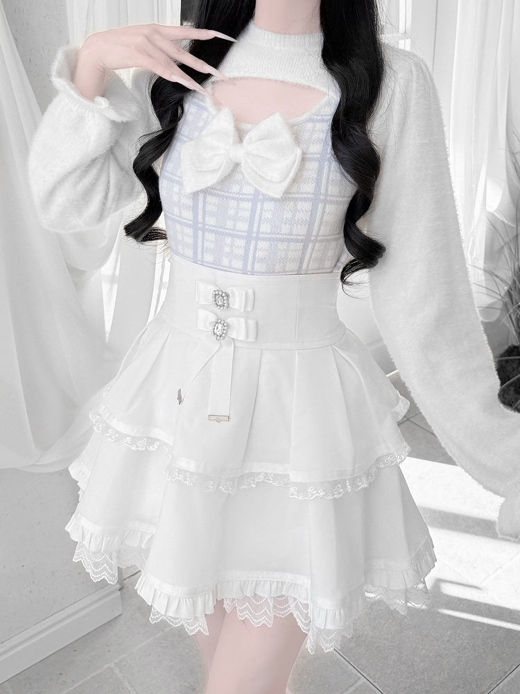 Landmine with Light Sweater Blue Mink Plaid Open-Front Accent Plush Bow Style