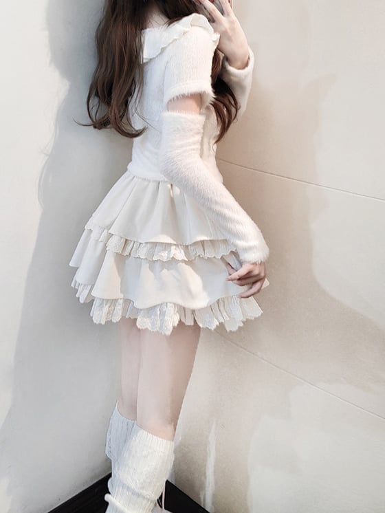 Weißer Pullover mit Rüschenausschnitt, Cut-Out-Ärmeln, Stufenrock und rosa Schleifen-Set