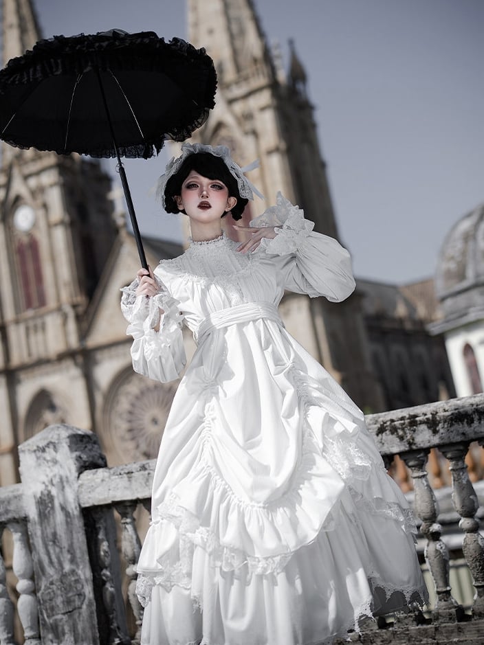 Gothic Ruffled with Versatile Hem Dress Lolita White Drawstring Velvet