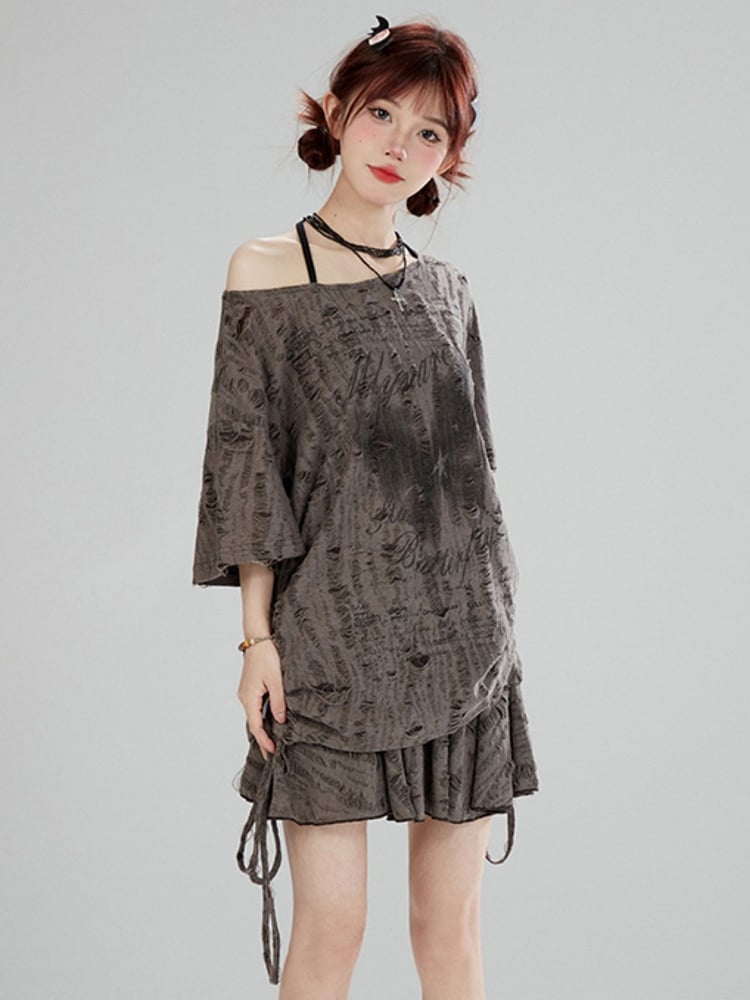 T-shirt Wasteland Butterfly Drawstrings Gray Punk Print with