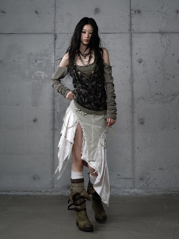 Studded Design Camo Accents Green Vintage Knit Cold-Shoulder Punk with Top