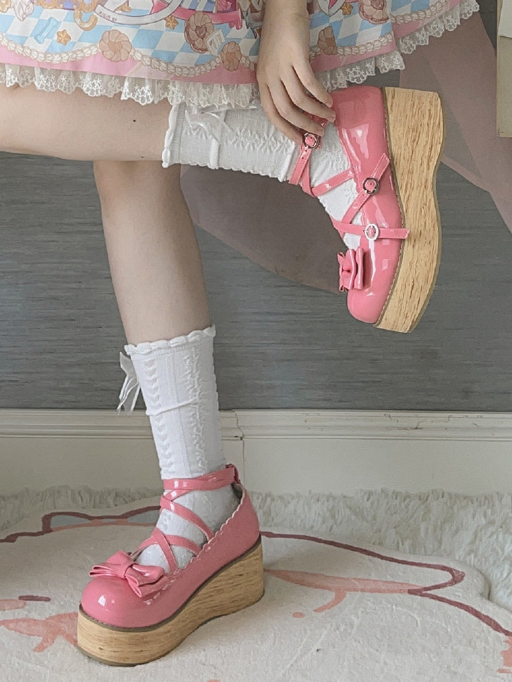 Crisscross Pink Accents Design Toe Round Platforms Rose Bow Sweet Polished Lolita -