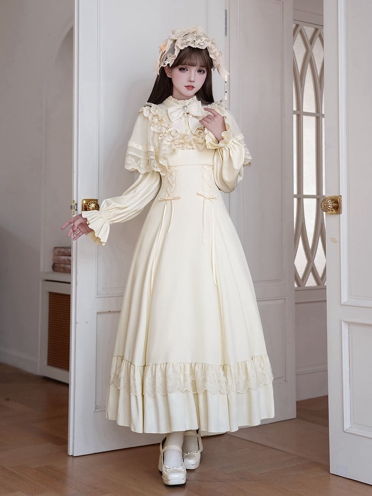 knee length dresses for ladies Ruffle Neckline Beige Lace-up Waist Elegant Lolita Dress with Detachable  Shawl – LilyVow