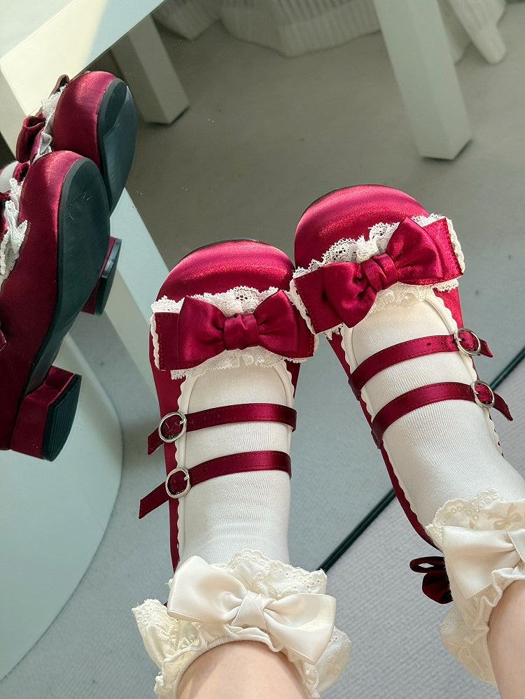 Lace Mary - Sweet Ruffle Lolita Low-heel Janes Red Delicate in