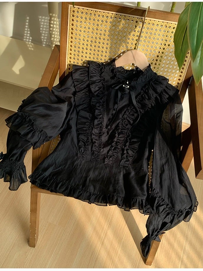 Black Lolita Balloon Sleeves Blouse with Rose Brooch - With PUJI