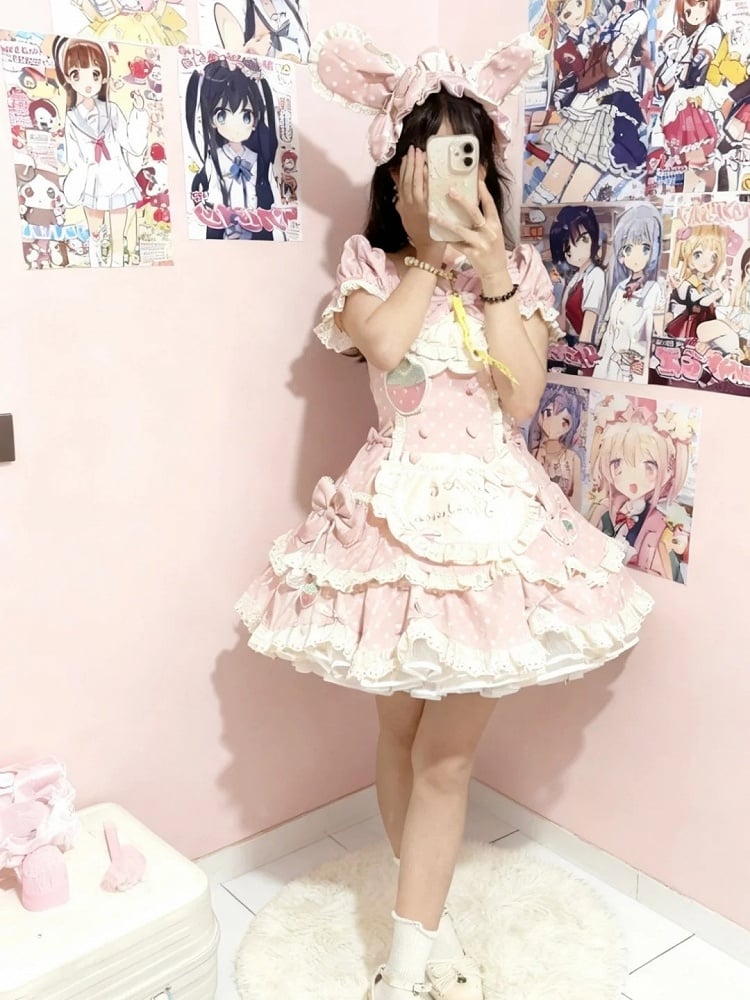 Dress Hairband Sweet Bow Lace Polka OP Themed Strawberry Full Bunny with Choker Details Bonnet + Set Dot Light and Pink Lolita Ear