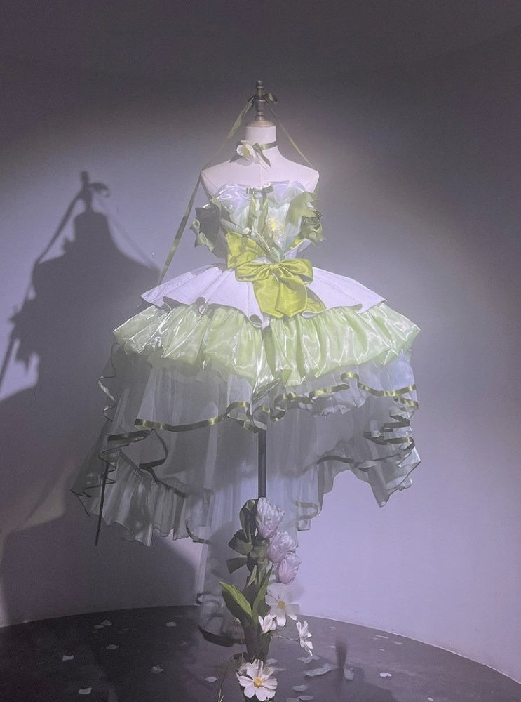 Green Balletcore Puffy Dress with Bow Accents - POSHEPOSE