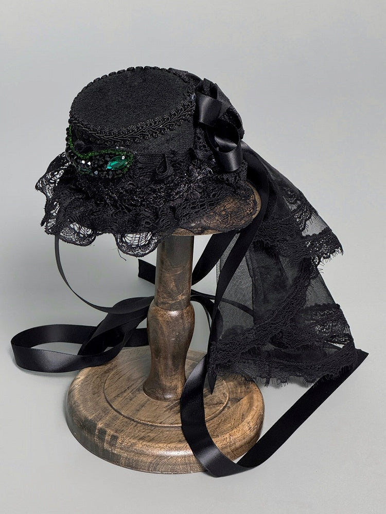 Bead with Mini Hat and Lolita Black Gothic Lace Details