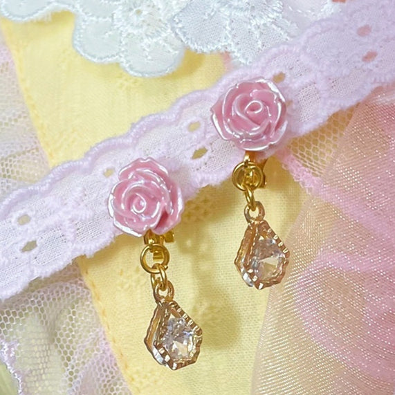 Rosa Rosette Lolita Ohrclips Süßer Strass Charm