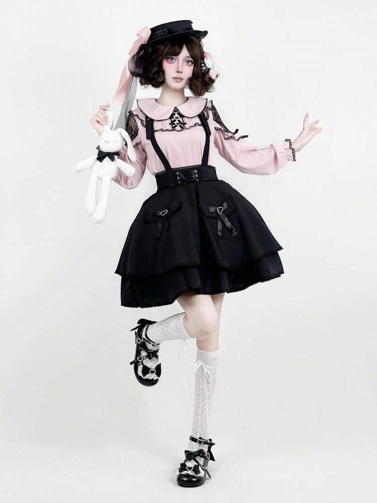 Rose Noir Peter Pan Collar Blouse with Lace Cutout Shoulders - AMAHAKAWA