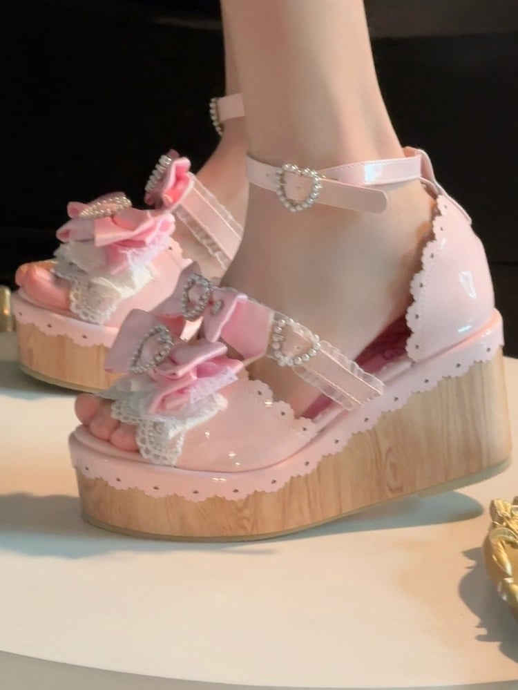 Heart Gyaru Beaded - Bow Wedge Pink Accents Platform Buckles Hime Sandals