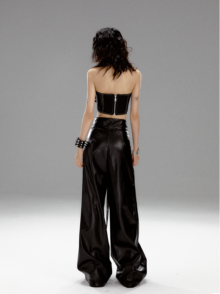 V-neck Black Belts Pants With Graffiti PU Wide-leg Buckle Punk
