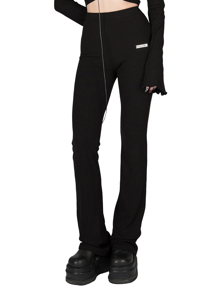 Knit Pants Stretchy High-Waisted - Flared Figure-Flattering Black