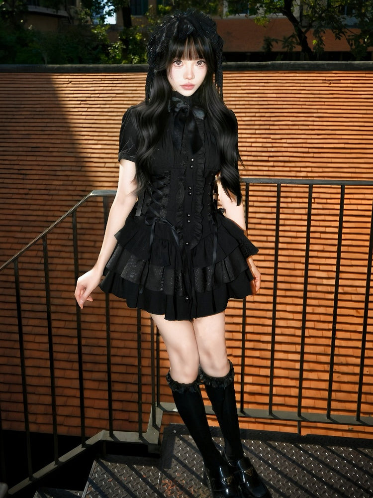 Gothic Layered Ruffle Lolita Dress in Black with Stand Collar & Cinched Waist, Short Sleeve - muggle studio