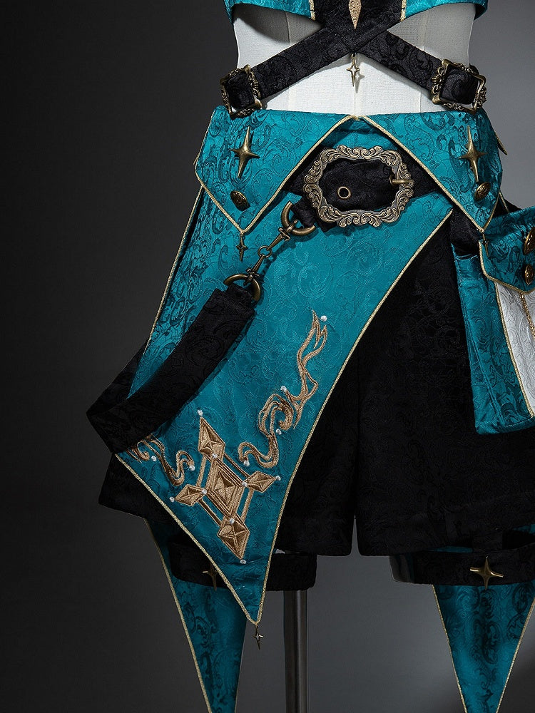 Teal Swallowtail Lolita Shorts with Star Pendant & Metal Button Accents - Xiong Dou Jiang