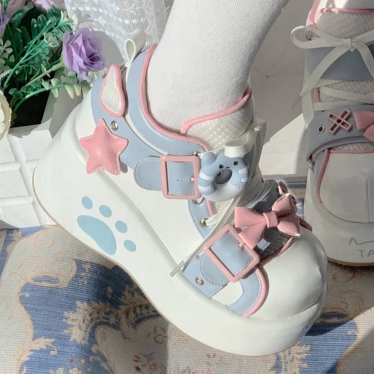 Platform - Embroidery Lolita Blue White Sweet Regular/Thicken Sneakers Version Paw