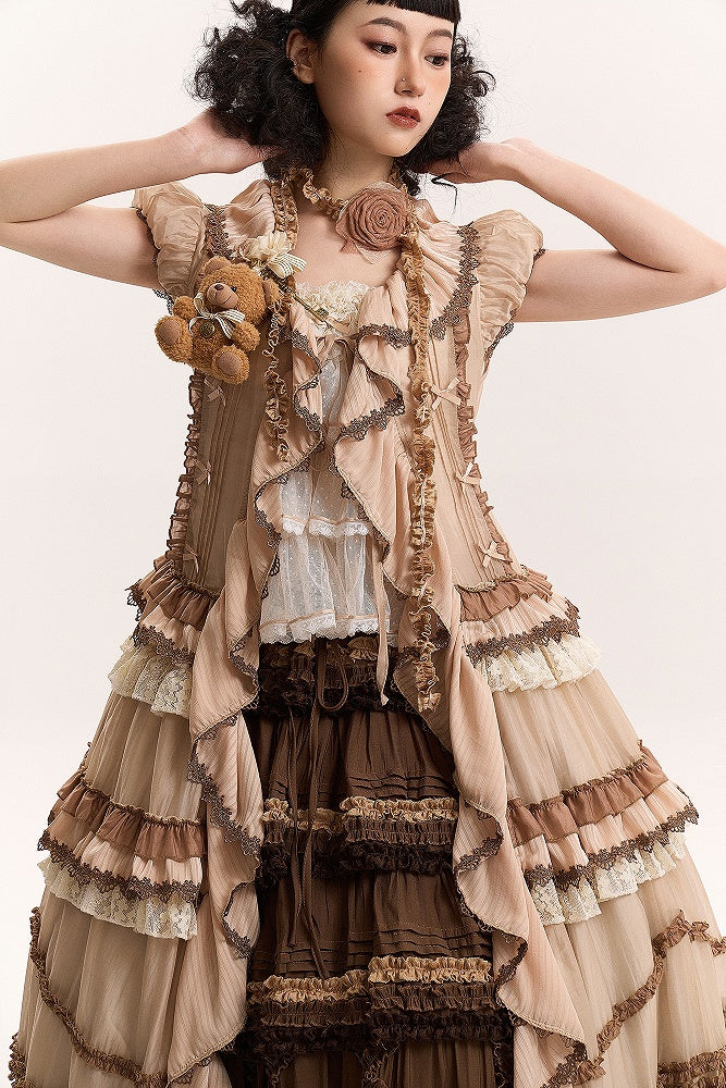 Cascading House Ruffle Front Style Placket Dress Pink Coffee Straps Lolita Self-tie