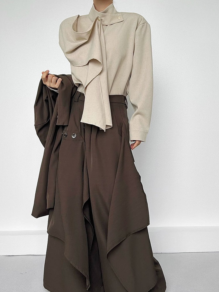 Button Sleeve Long Extended Stand with Shirt Unisex Collar Khaki