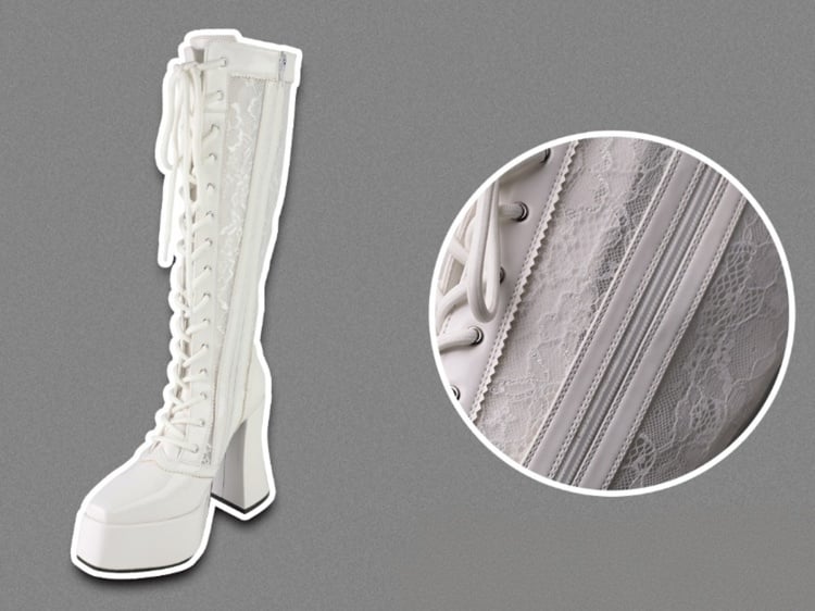 ゴシックホワイトフロントレースアップタイレースプラットフォームハイブロックヒールニーハイブーツ