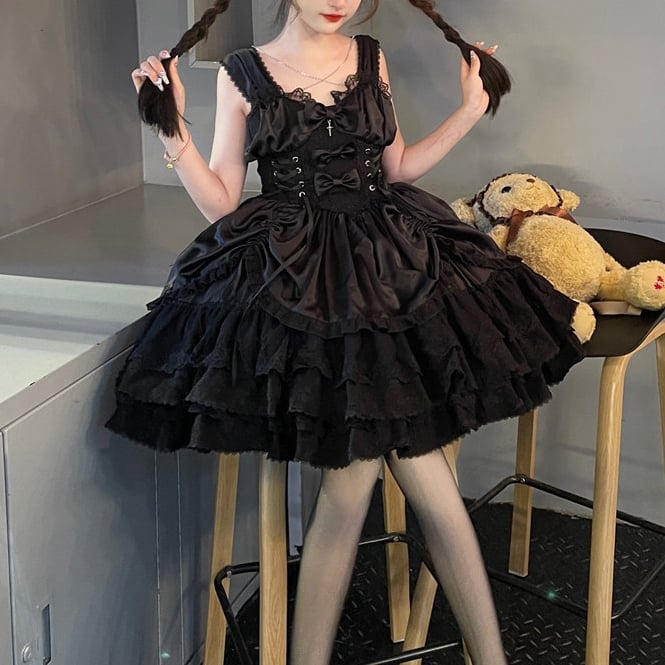 Waist Tiered Princess Black Basque Skirt Dress Drawstring Lolita with Gothic