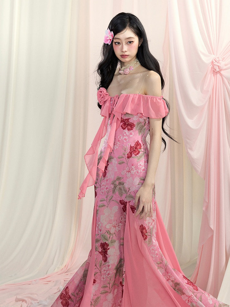 Rose Manor Pink Off-the-Shoulder Cascading Ruffle Accents Floral Chiffon Dress