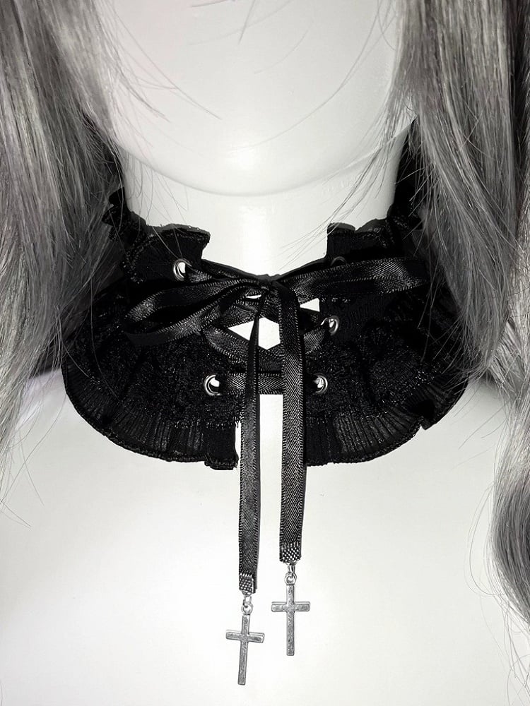 Dual Color Lace Strap Choker with Cross - Magic Diary