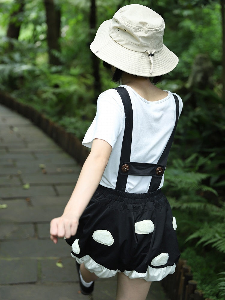 Mushroom Sweet Bubble Fleece Short Lolita White Straps Spot with Applique Black Detachable