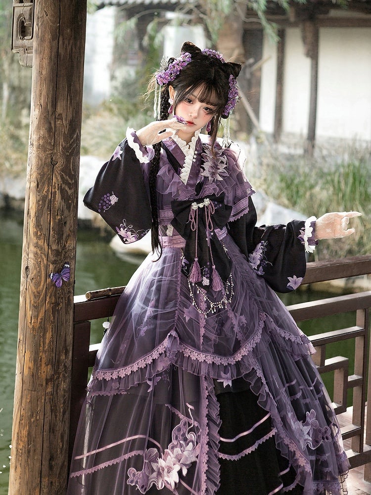Floral Crossover Dress Neck Black Overdress Purple + Lolita Skirt Han Print Tulle