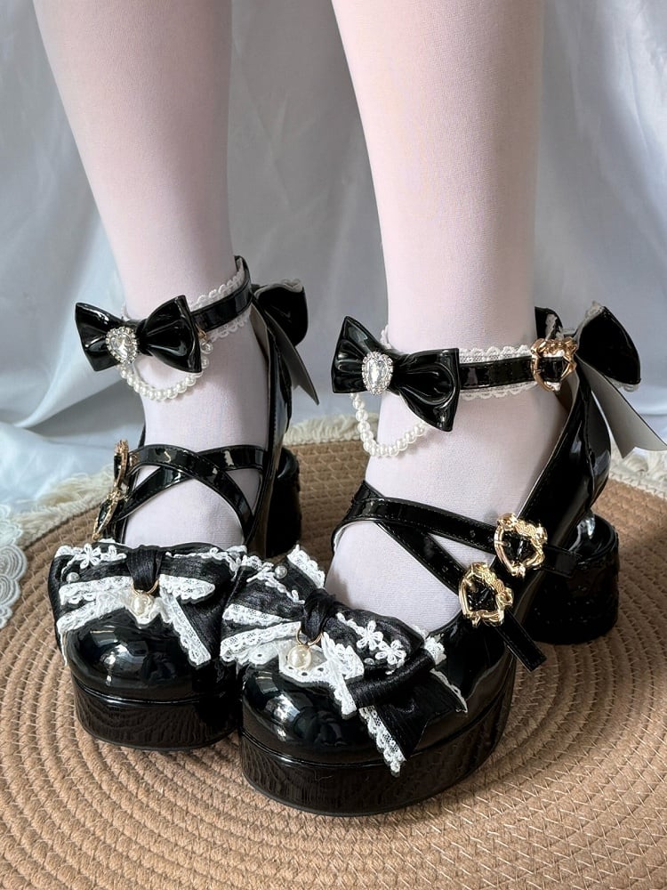Black Lolita Shoes with Pearl Chain and Moon Heel - Pu Yue Meng