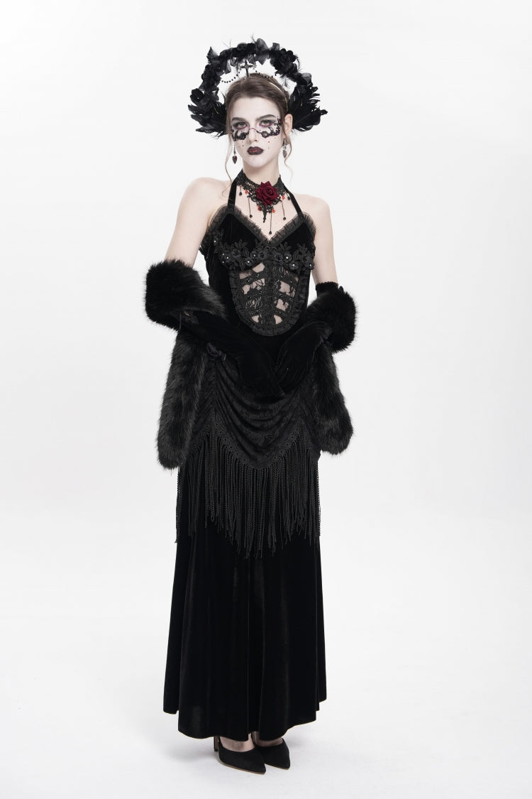 Black Hollow Floral Embroidery Lace-Up Pleated Maxi Dress