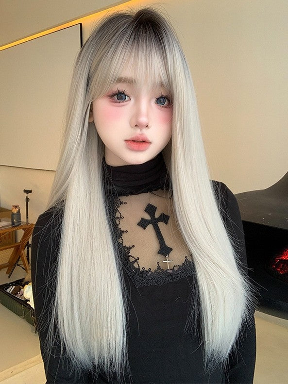 ストレートオンブレウィッグ(エアウィッグ)長さ66cm ブラックホワイトバングス