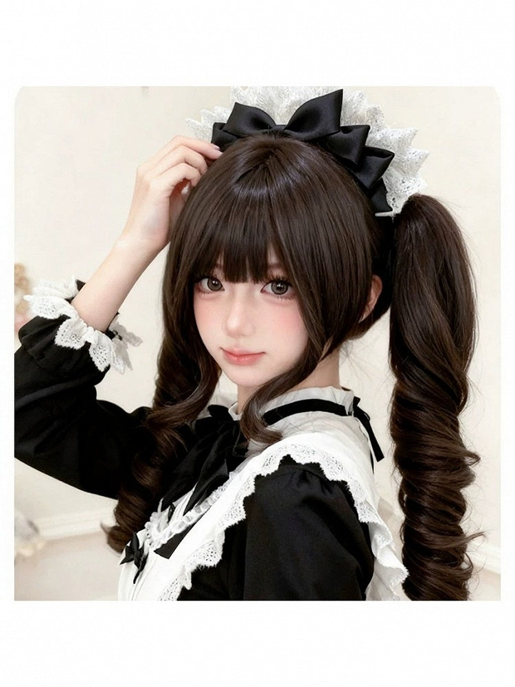 Brown 28cm Wig Bangs 55cm Curly Twin Tails Claw Clip