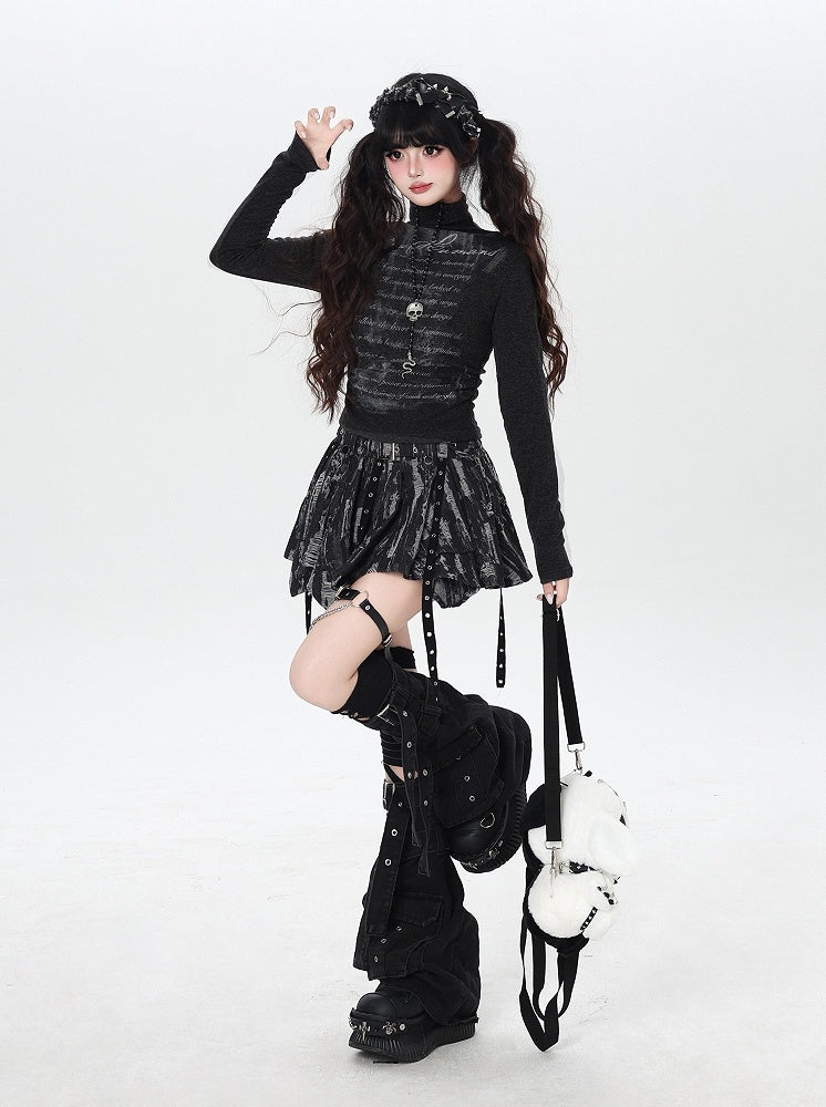 Thin Waist Top Letter with Fleece Black High-neck Ruched Print