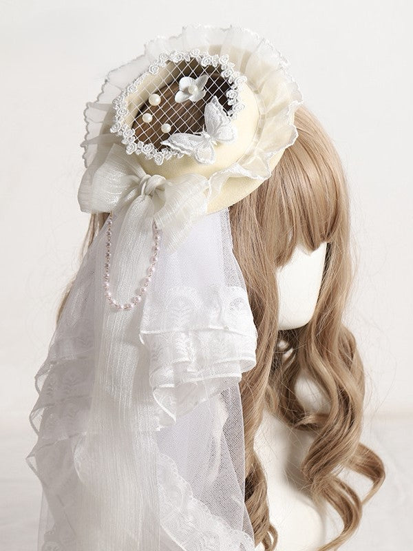 und Weiß/Gelb mit Mesh-Hut Mini Lolita Perlenkette Schleier Layered