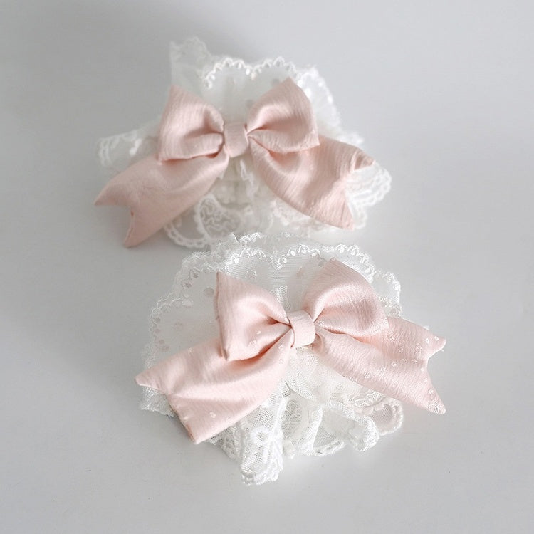 With Lace Pair White A Of Wrist Cuffs Bowknots Orange-Pink Sweet